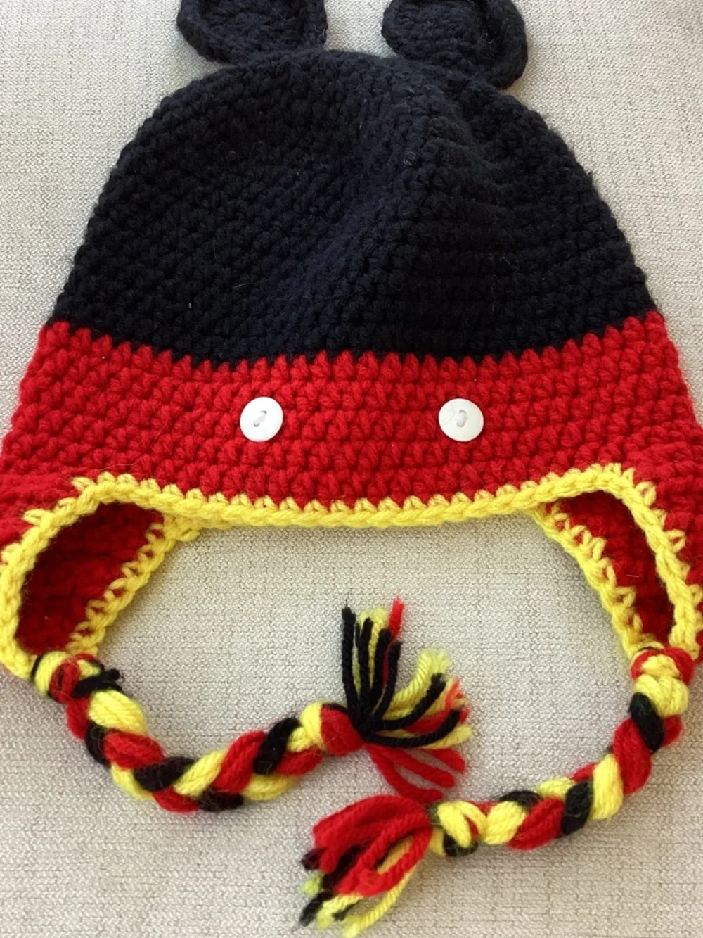 Hand made Mickey Mouse crocheted Mickey ears toddler kids beanie winter hat EUC